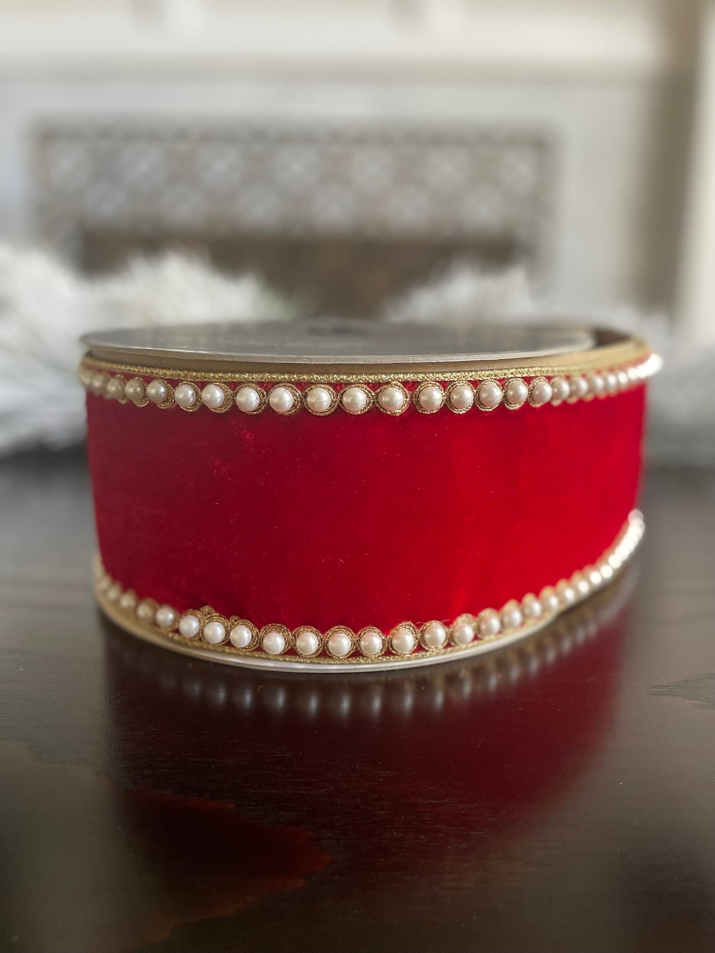 4” x 5 yds. Designer pearl borders red velvet wired ribbon.