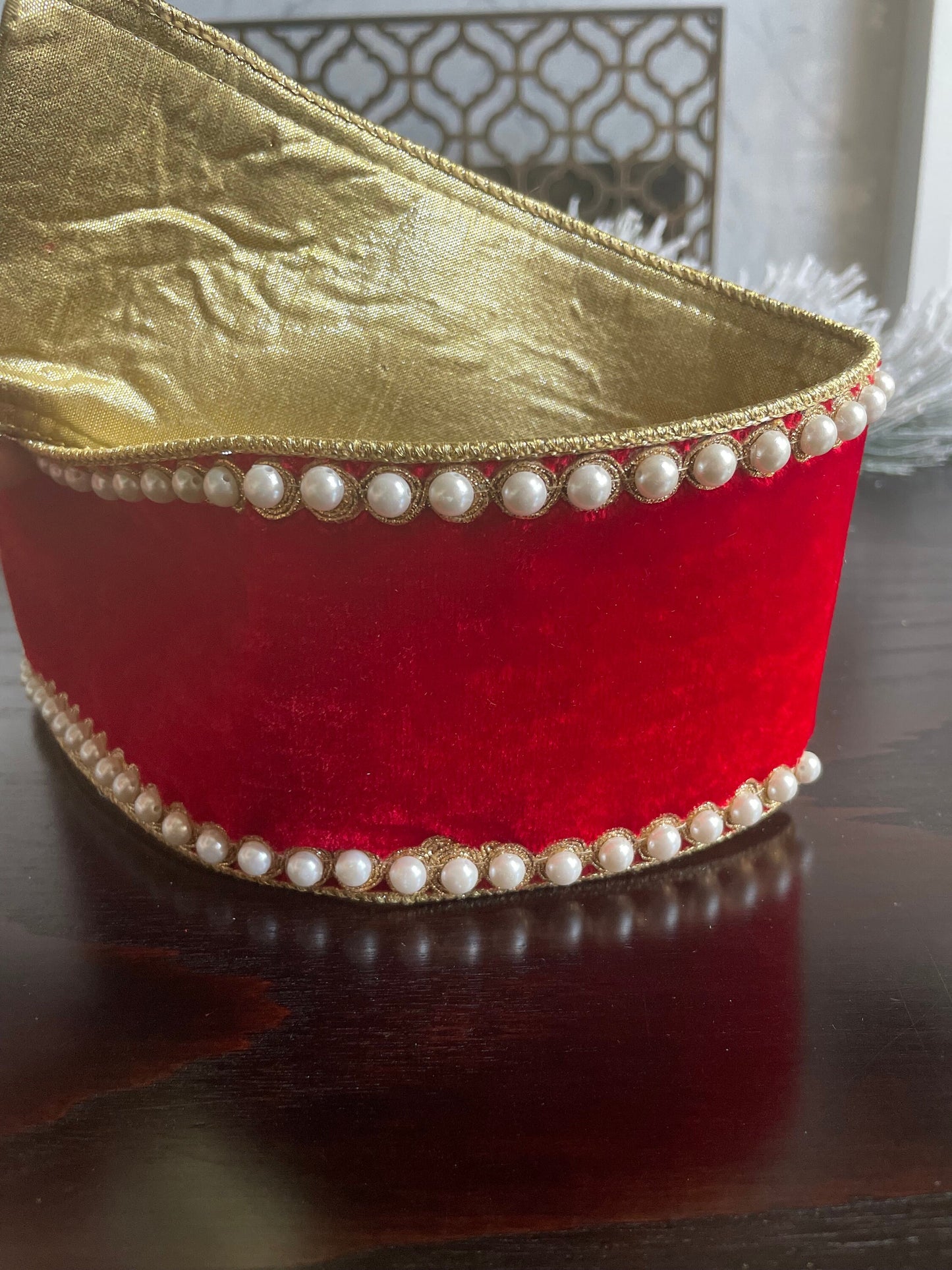 4” x 5 yds. Designer pearl borders red velvet wired ribbon.