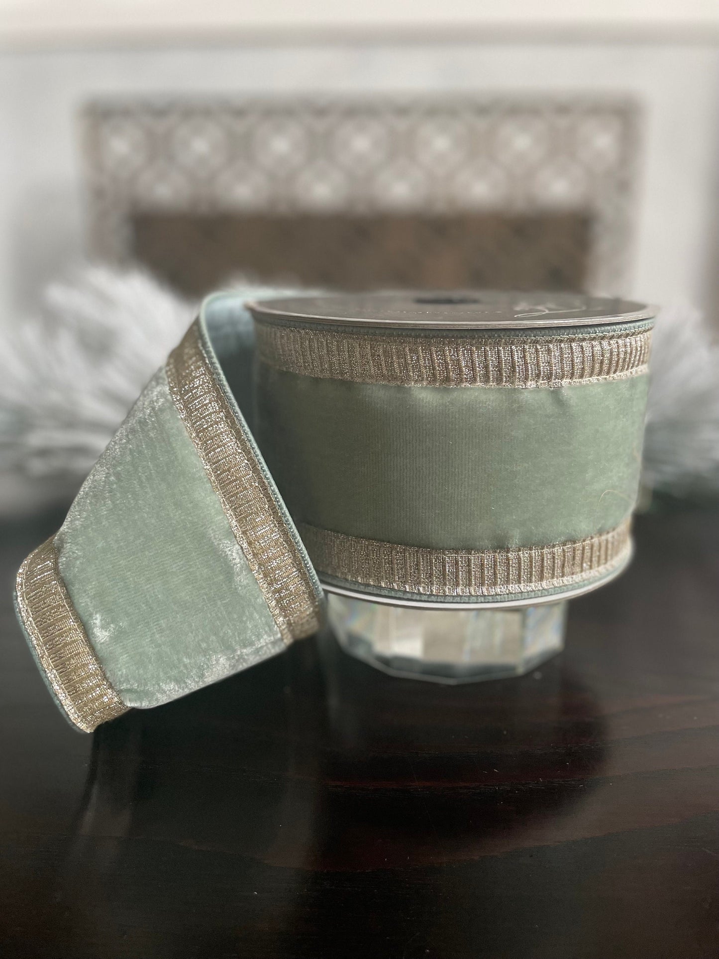 4” x 10 yds Designer pleated borders ribbon, light blue velvet ribbon with gold borders. Wired. Farrisilk.