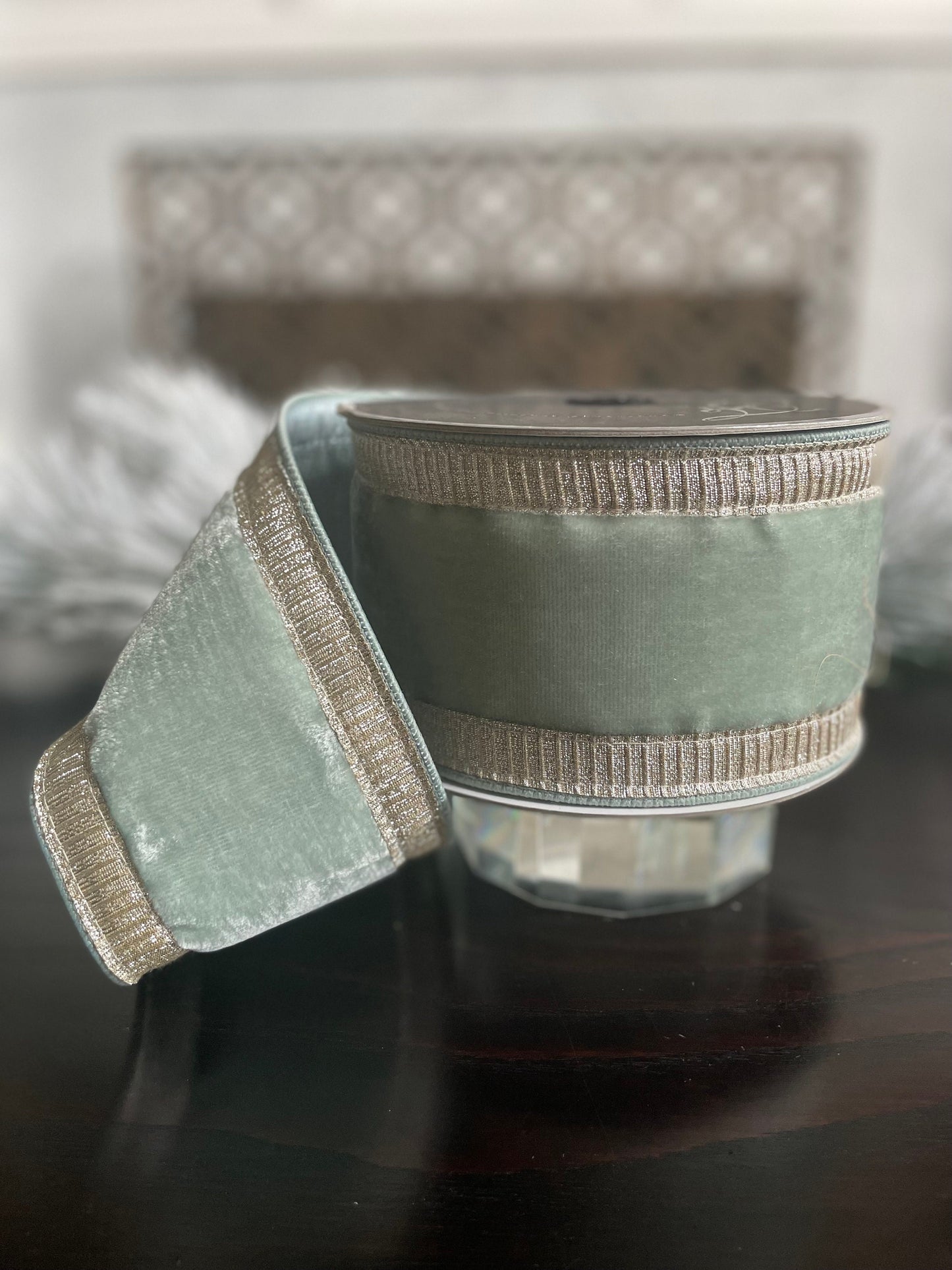 4” x 10 yds Designer pleated borders ribbon, light blue velvet ribbon with gold borders. Wired. Farrisilk.