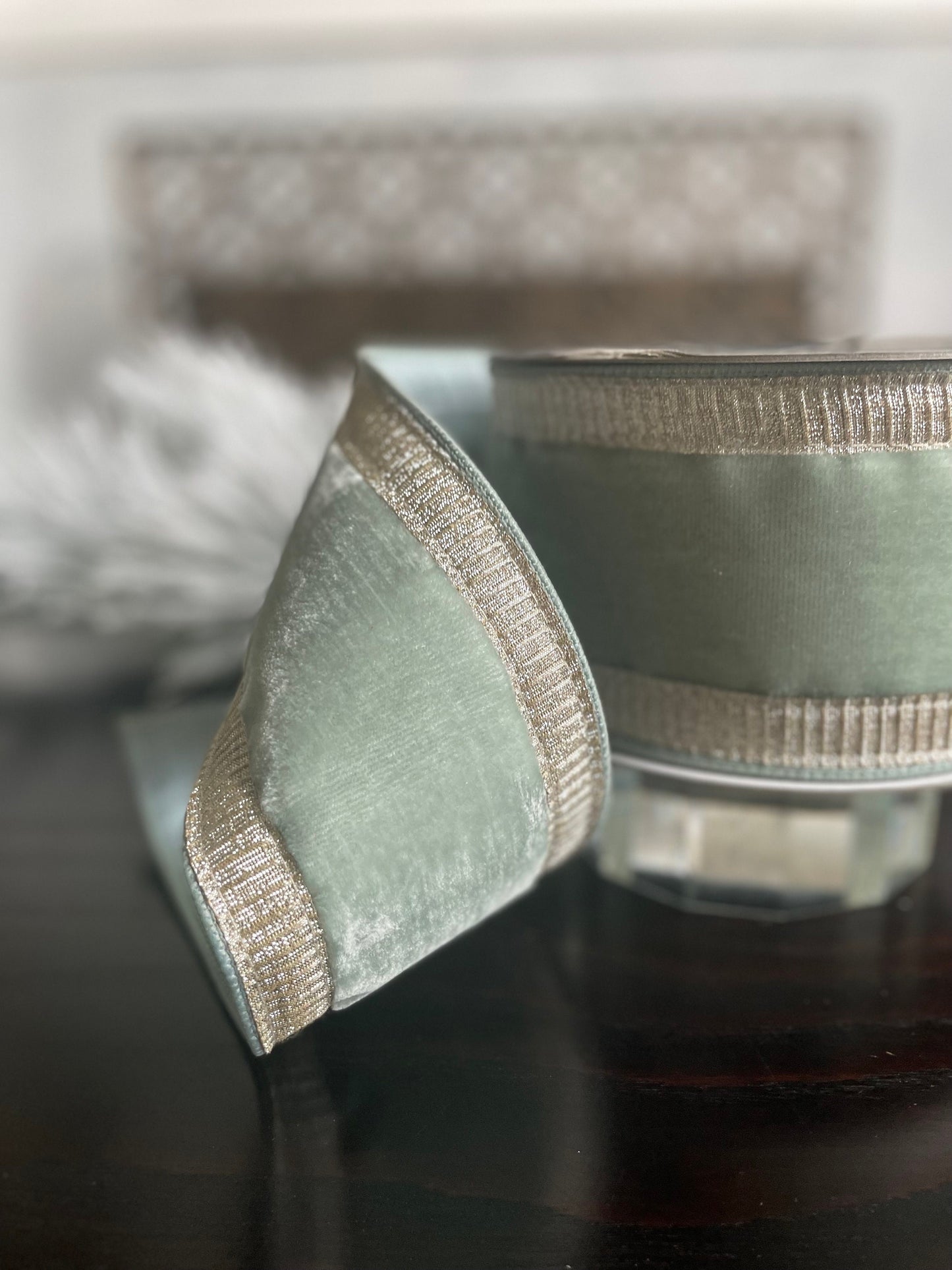 4” x 10 yds Designer pleated borders ribbon, light blue velvet ribbon with gold borders. Wired. Farrisilk.