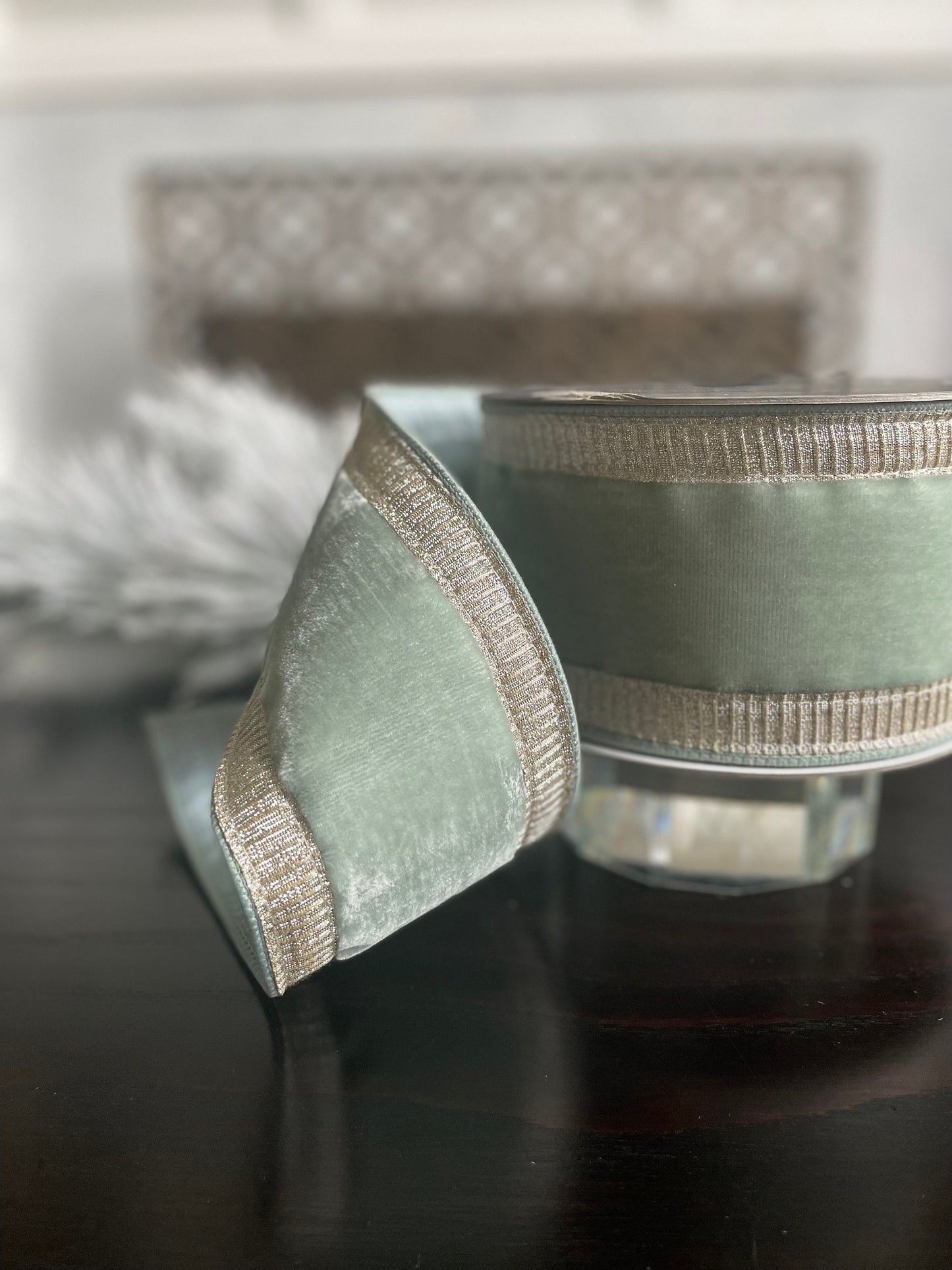 4” x 10 yds Designer pleated borders ribbon, light blue velvet ribbon with gold borders. Wired. Farrisilk.