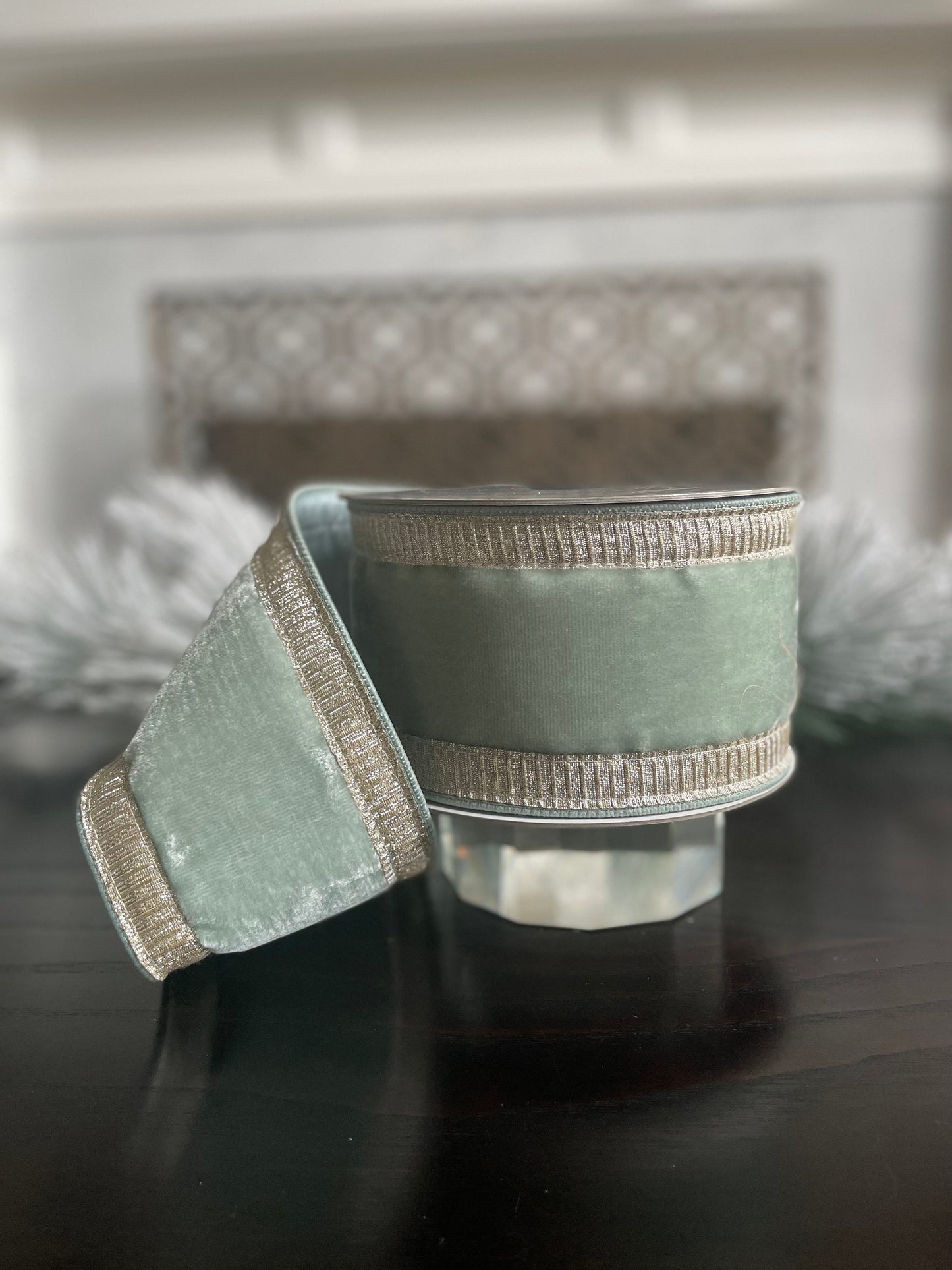 4” x 10 yds Designer pleated borders ribbon, light blue velvet ribbon with gold borders. Wired. Farrisilk.