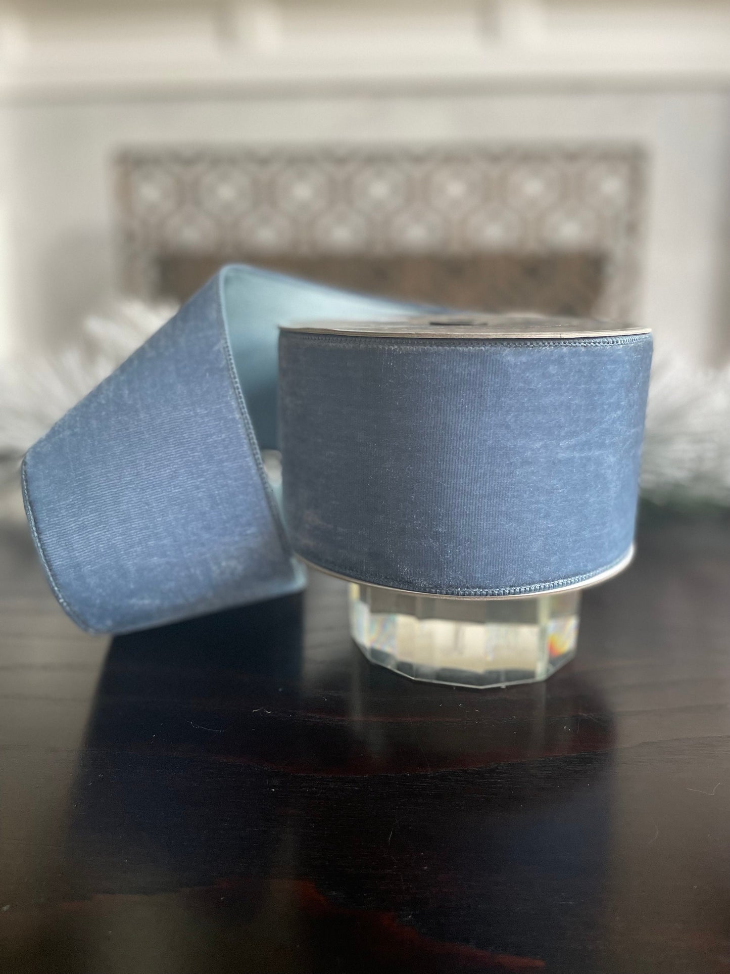 4” x 10 yds. Designer steel blue velvet ribbon. Wired. Farrisilk.