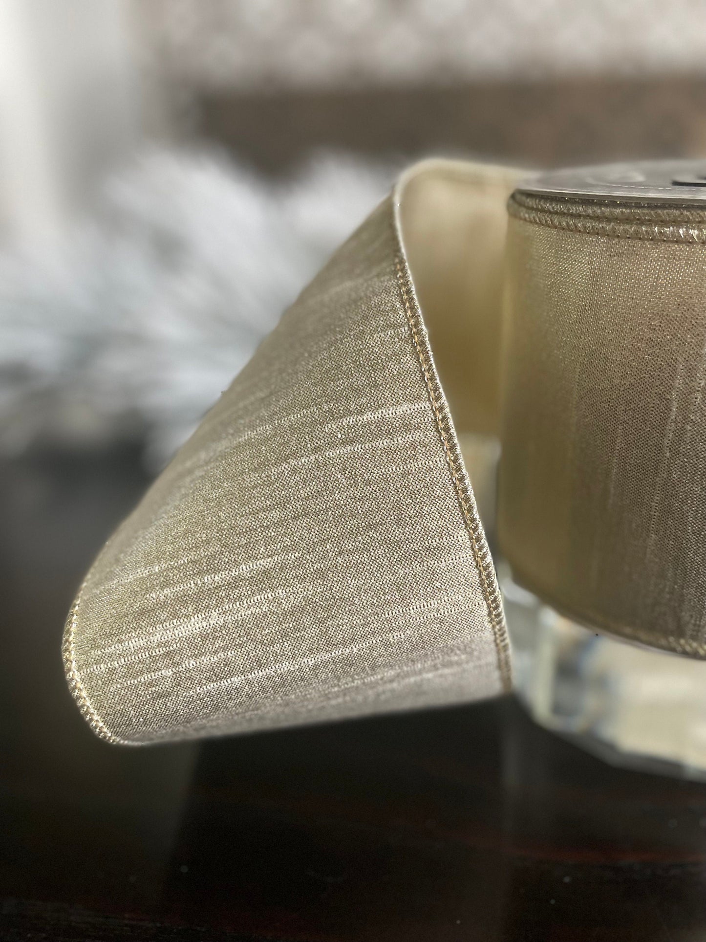 4” x 10 yds. Luster platinum ribbon. Farrisilk. Wired.