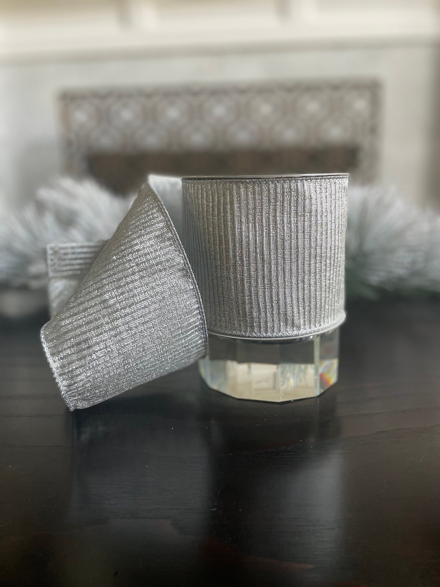 4” x 10 yds Designer pleated metallic, silver ribbon. Wired. Farrisilk.