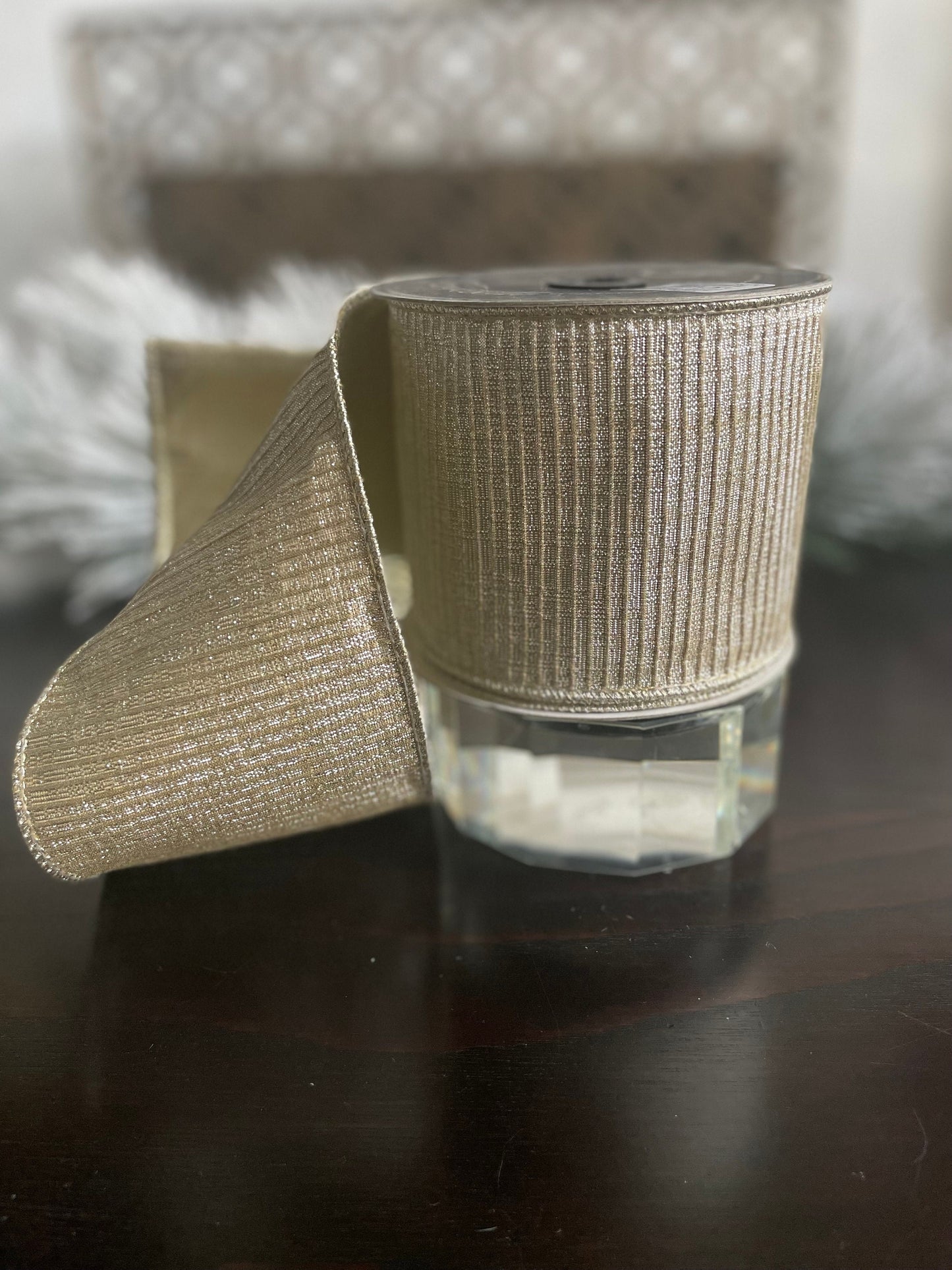 4” x 10 yds Designer pleated metallic, platinum ribbon. Wired. Farrisilk.