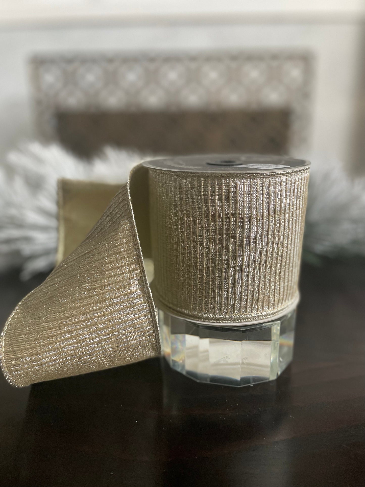 4” x 10 yds Designer pleated metallic, platinum ribbon. Wired. Farrisilk.