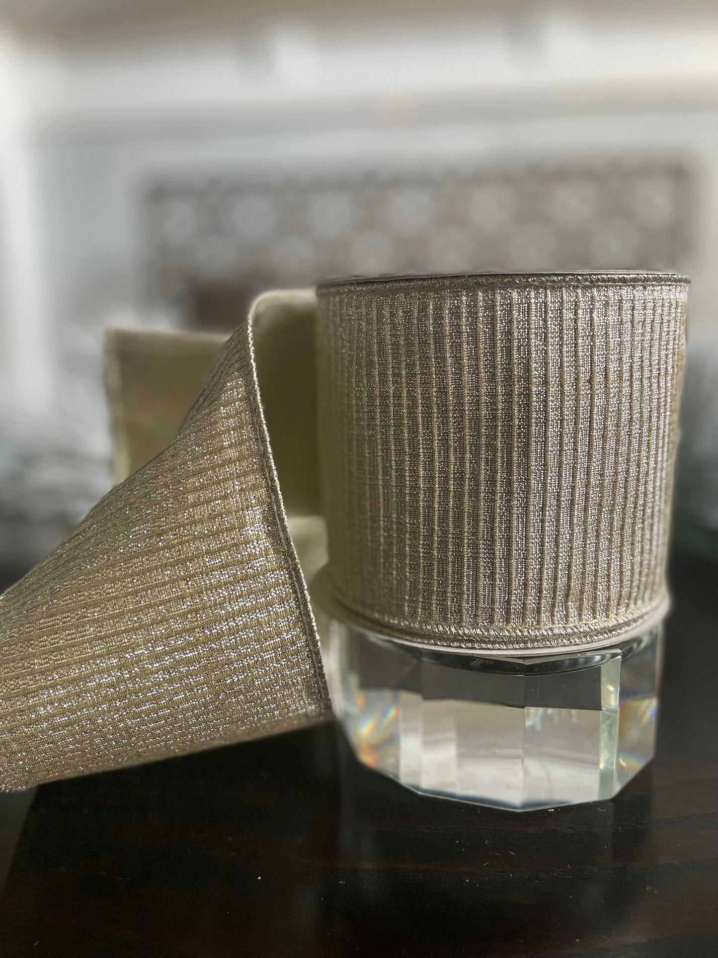 4” x 10 yds Designer pleated metallic, platinum ribbon. Wired. Farrisilk.