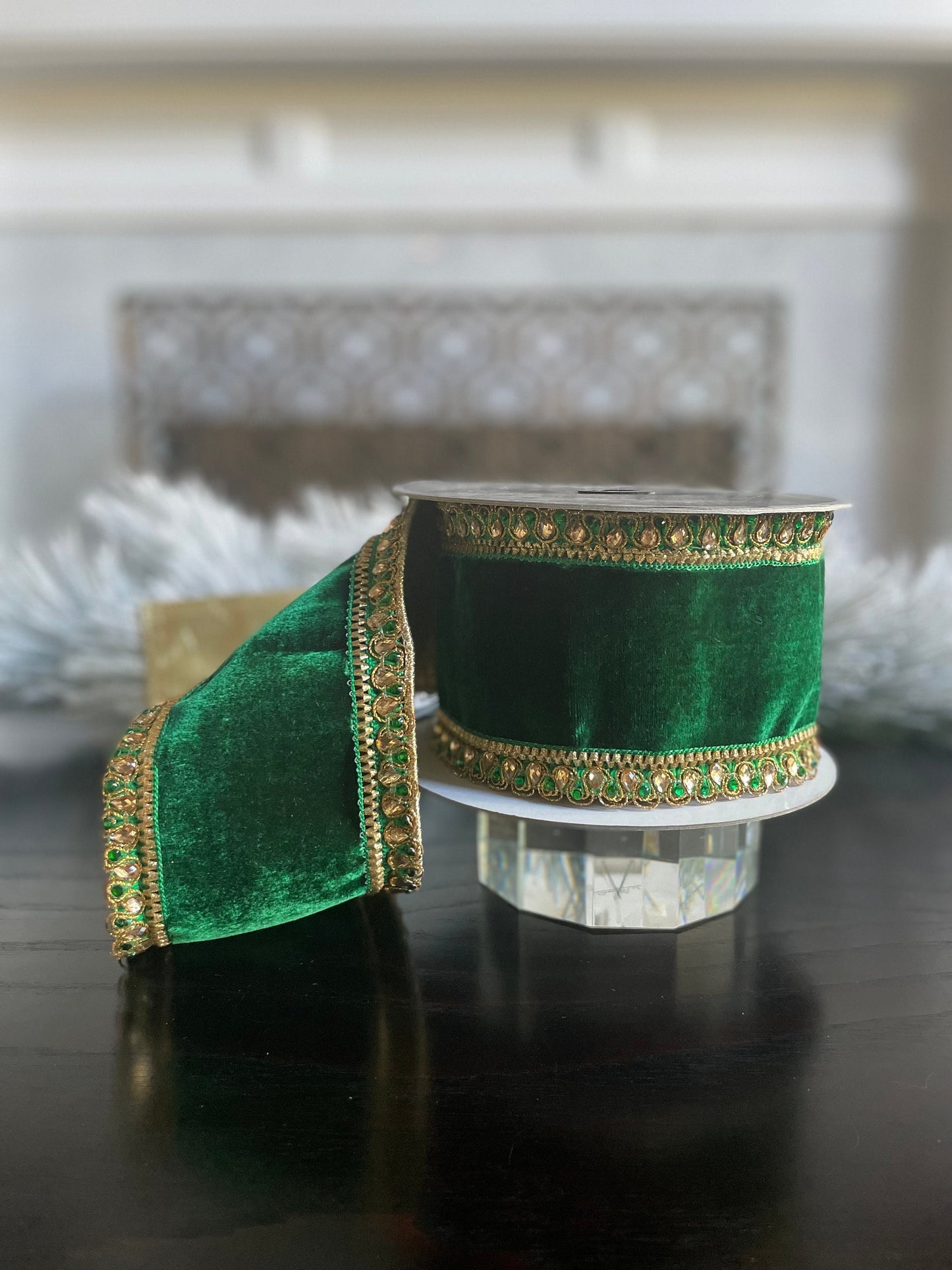4” x 5 yds. Velvet King Edward emerald. Jeweled. Wired. Farrisilk.*