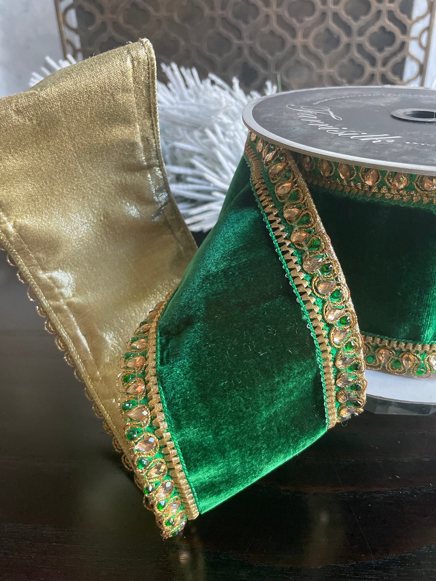 4” x 5 yds. Velvet King Edward emerald. Jeweled. Wired. Farrisilk.*