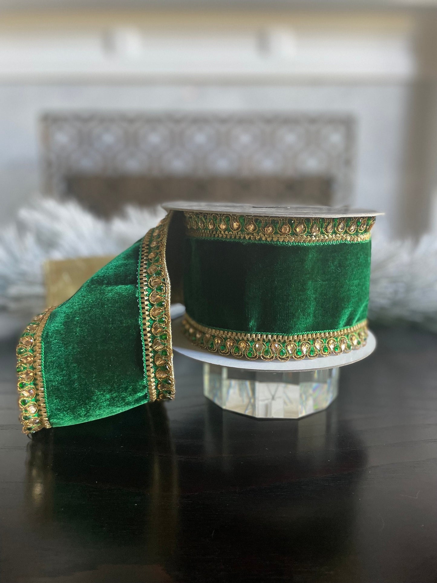 4” x 5 yds. Velvet King Edward emerald. Jeweled. Wired. Farrisilk.*