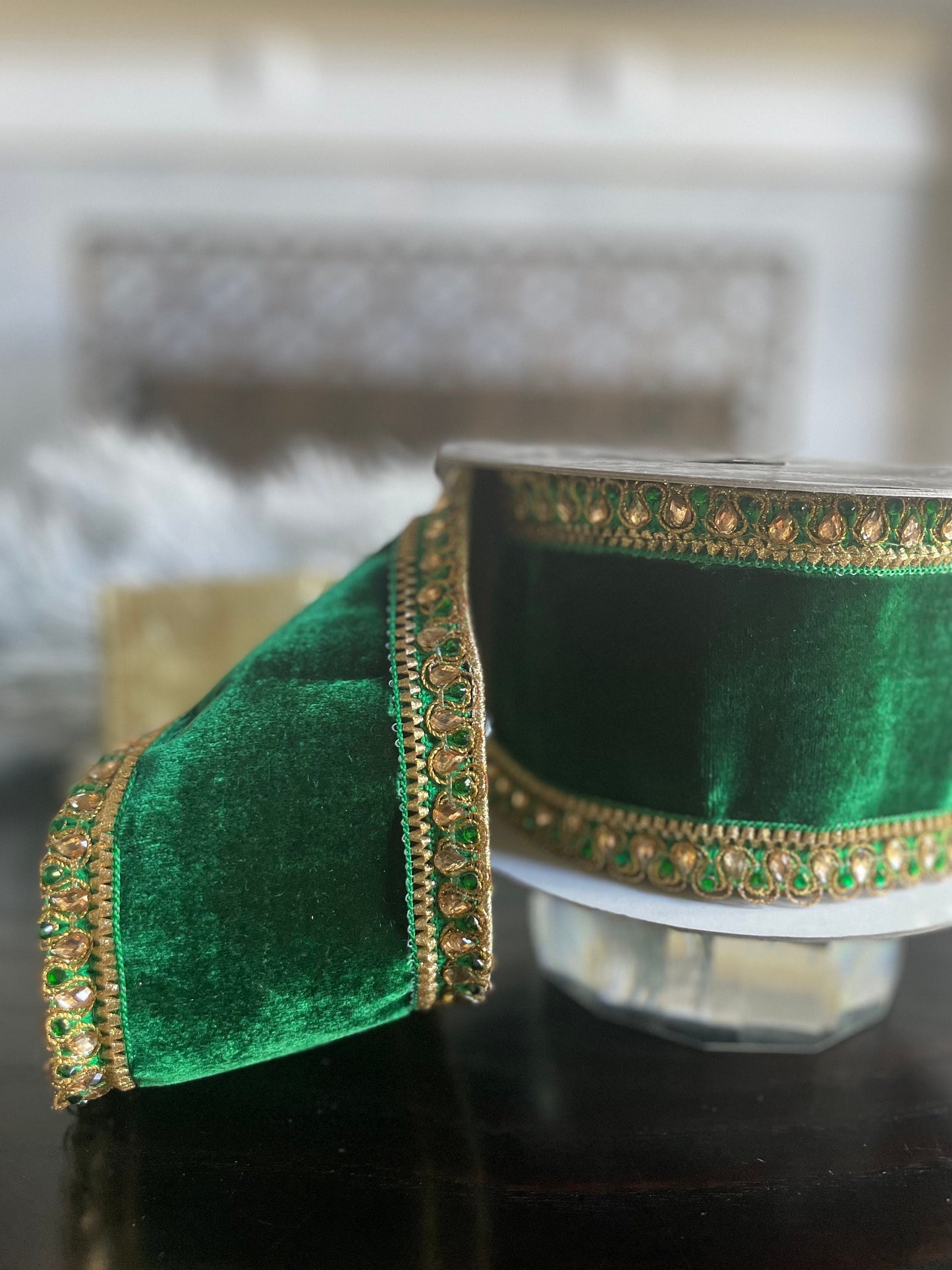 4” x 5 yds. Velvet King Edward emerald. Jeweled. Wired. Farrisilk.*