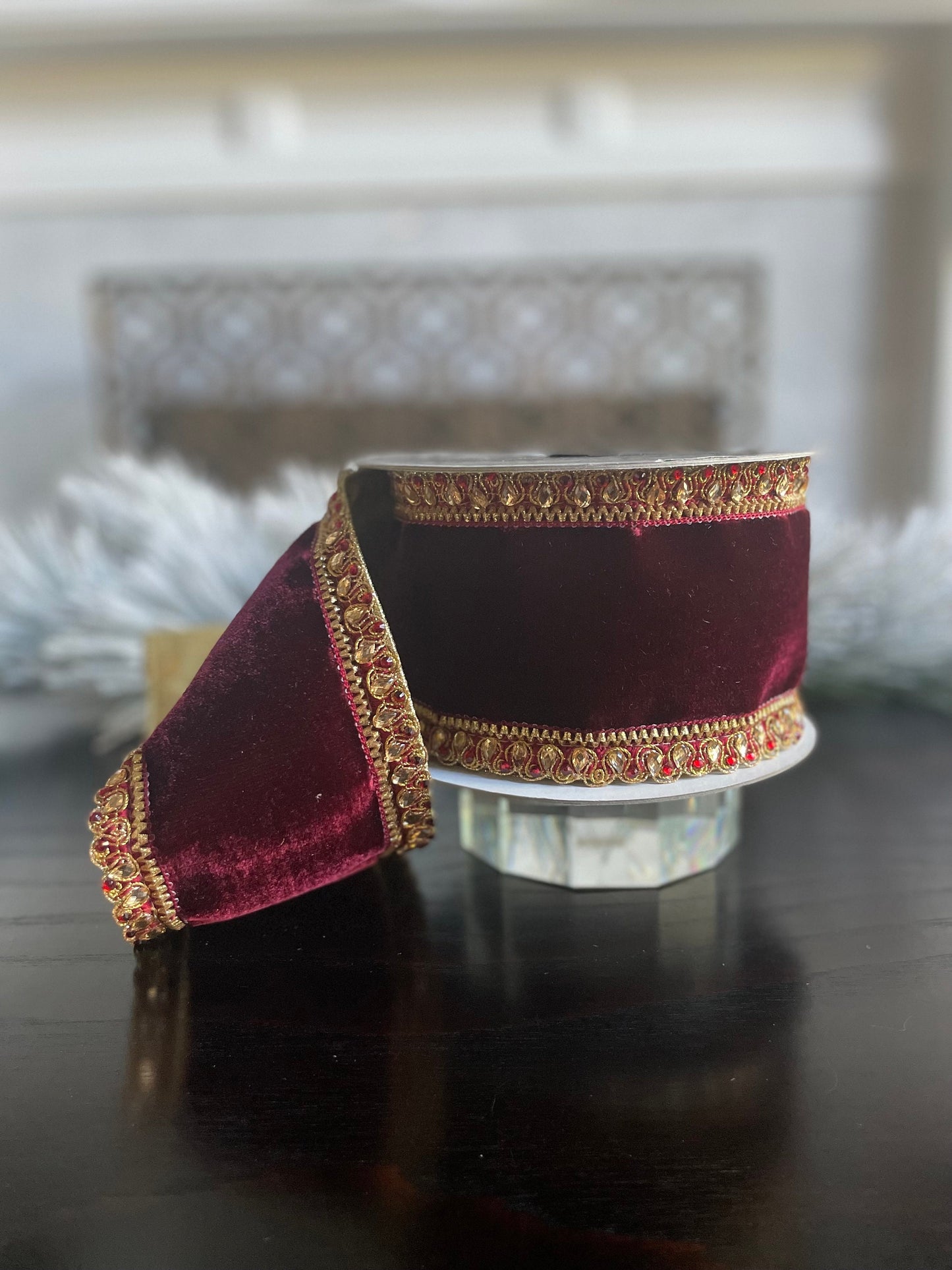 4” x 5 yds. Velvet King Edward burgundy. Jeweled. Wired. Farrisilk.*