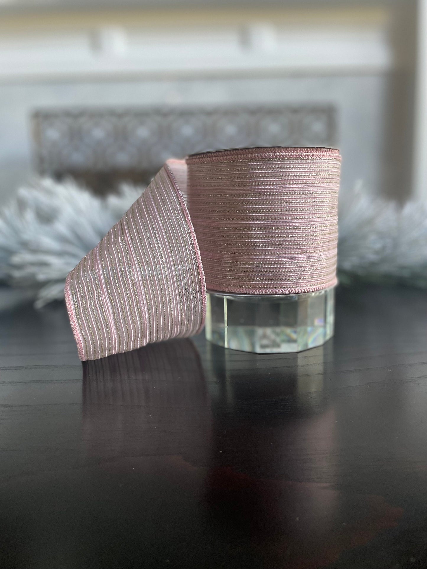 4"x 10 yds. Tinsel stripes baby pink and light gold. Farrisilk.