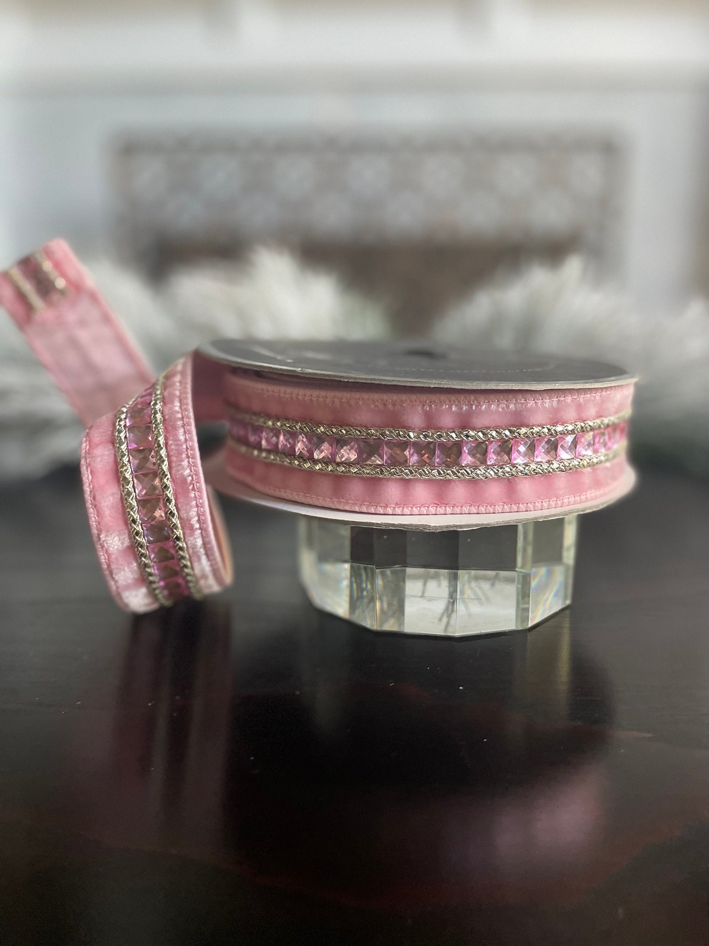 1.5” x 5 yds. Designer gemstones baby pink wired ribbon. Farrisilk.