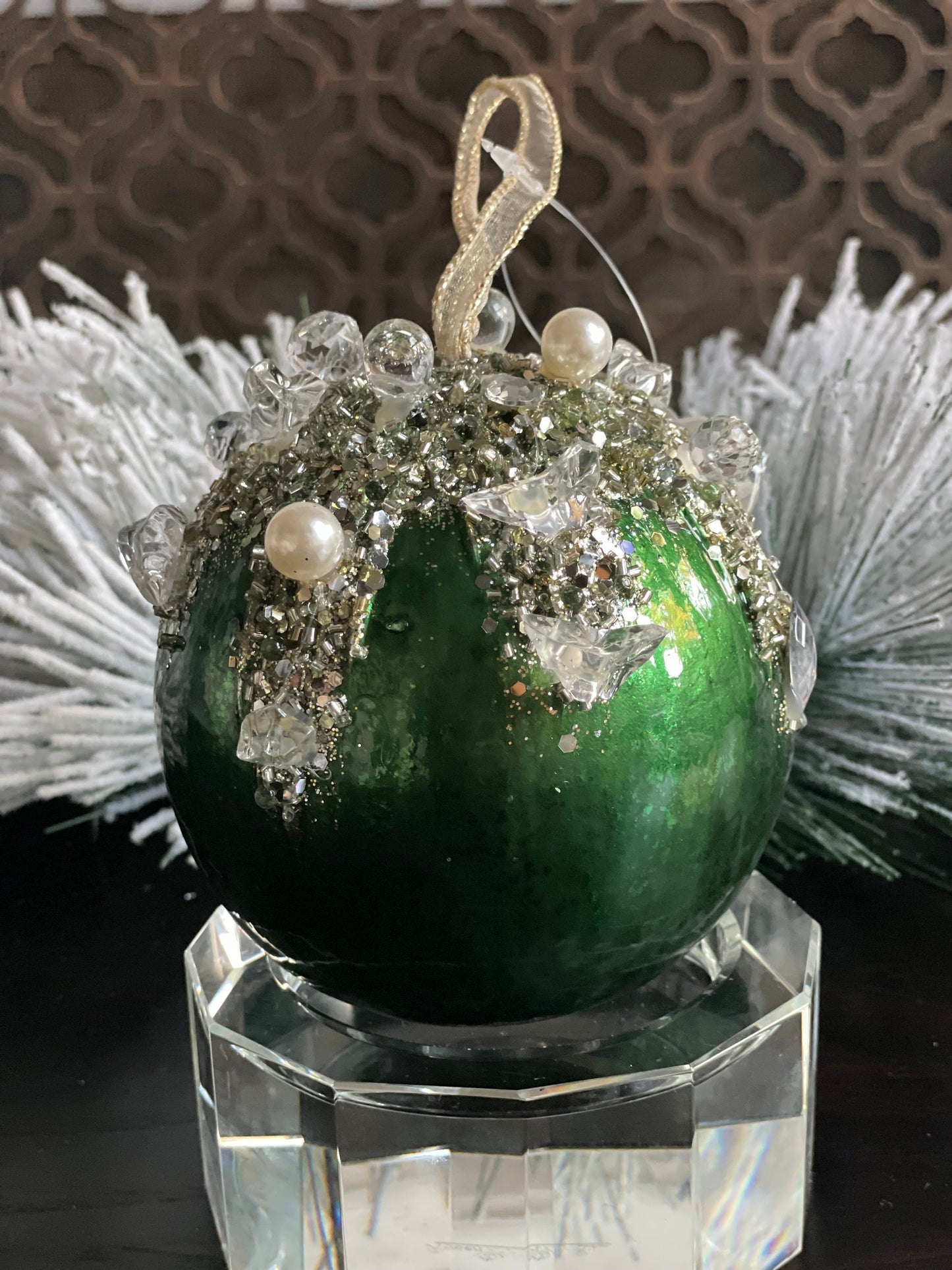 5” Dazzling bejeweled ball, ornament, emerald.