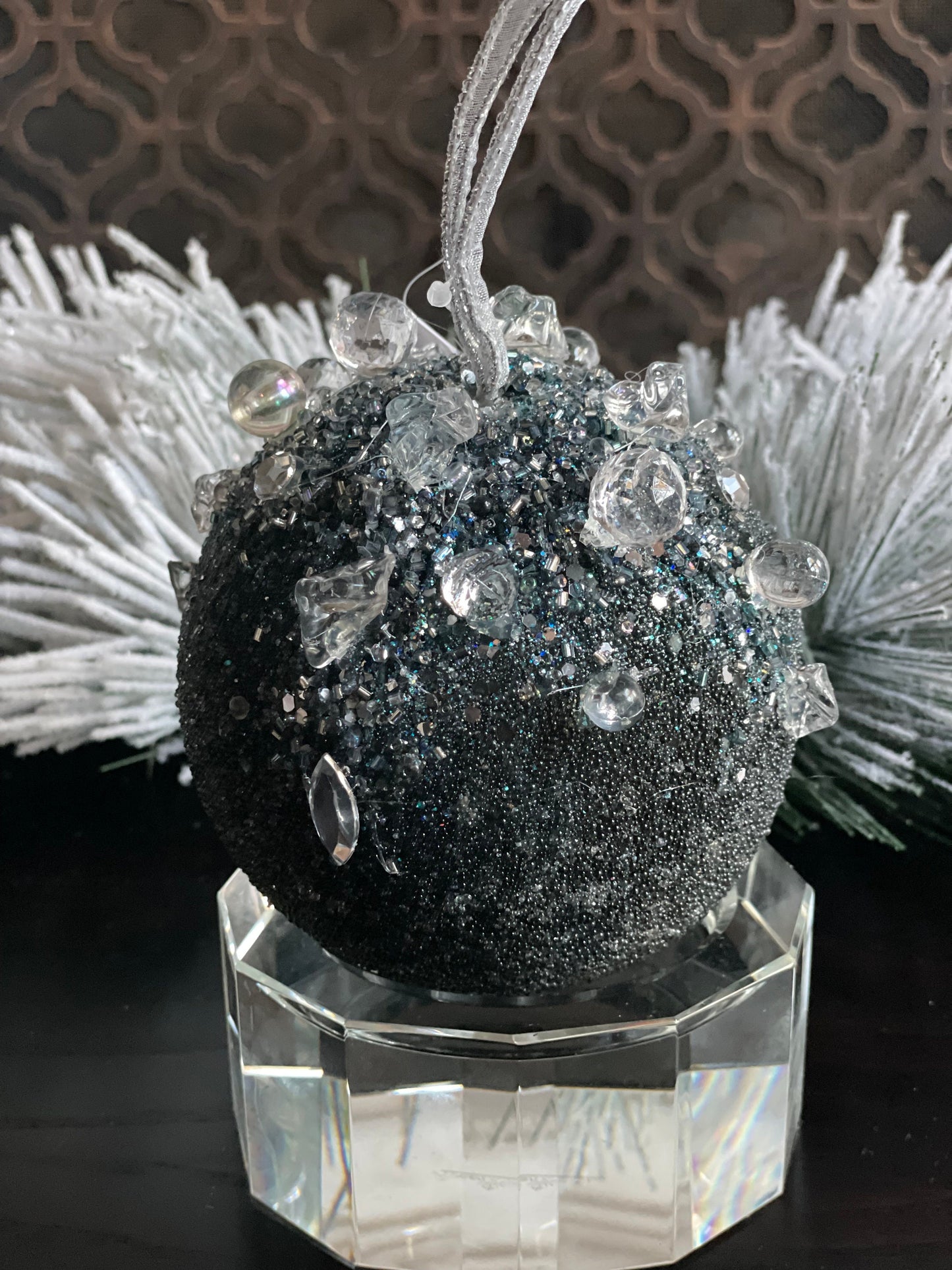5” beaded bejeweled ball ornament, steel blue.