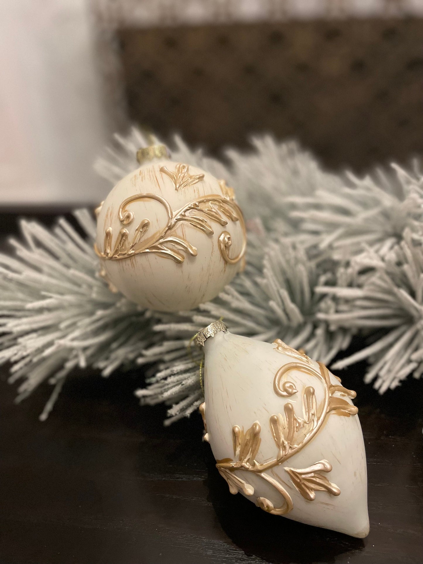 Set of 2. 4”-5” glass and resin acanthus ball and finial ornament.