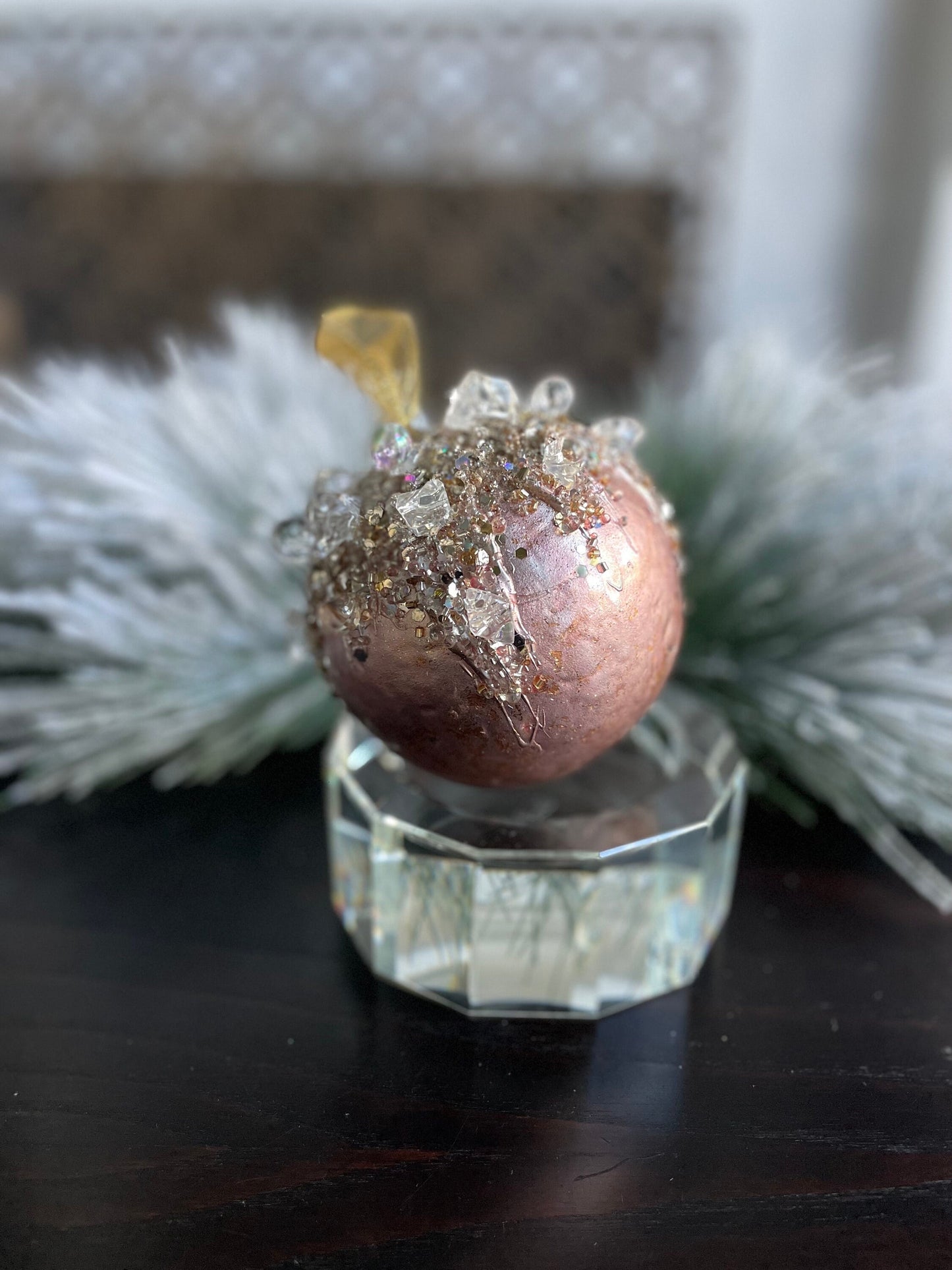 4" heavy jeweled ball ornament pink and rose gold.