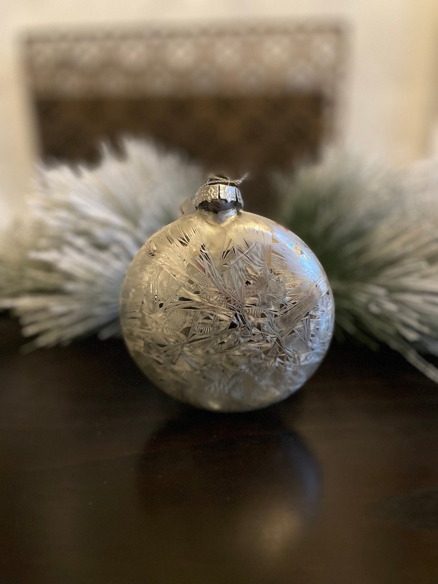 Set of 2. 5.5" Glass chickadee on pine/ berries disc ornament. So beautiful!