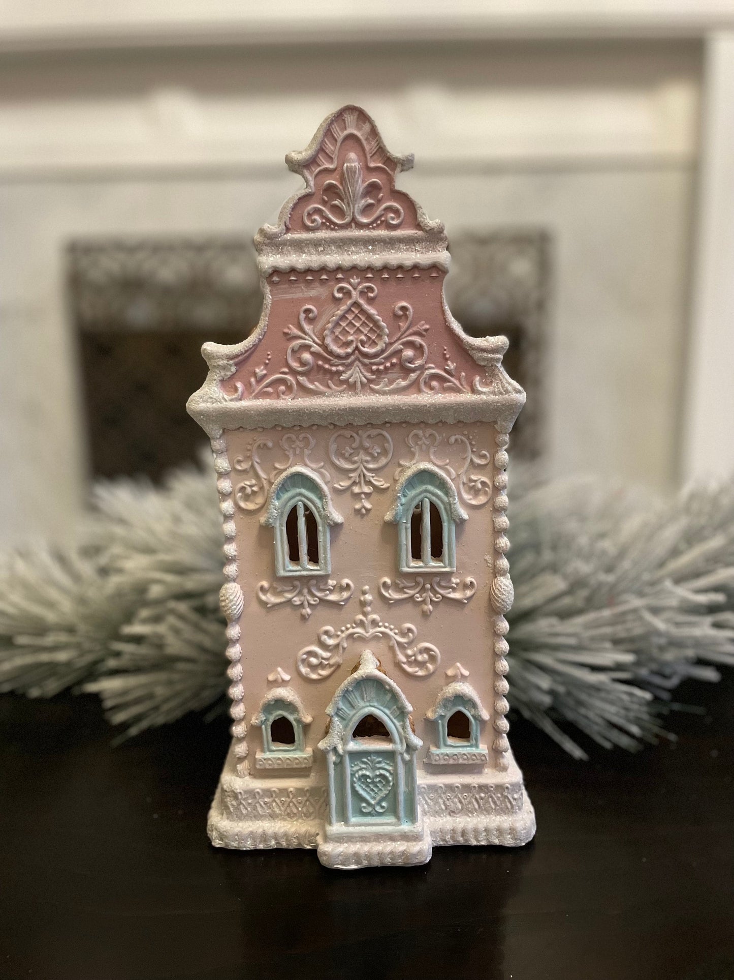 13” Gingerbread lighted house. Pastel pink and blue.