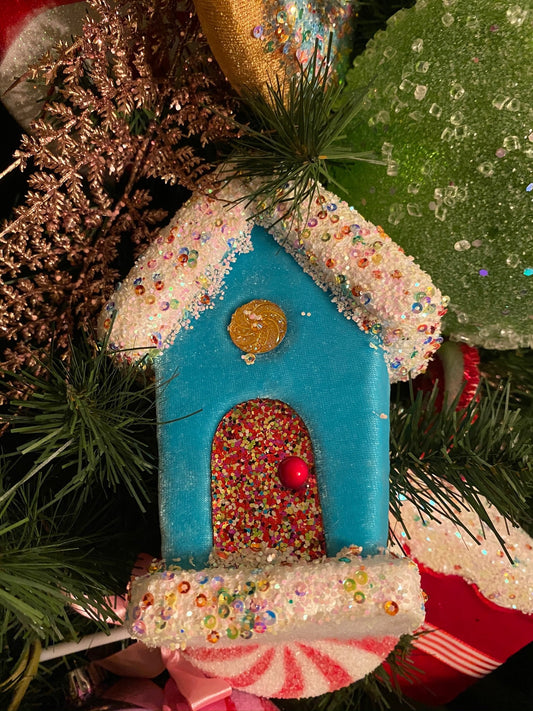 Gingerbread little house 6 inches turquoise.