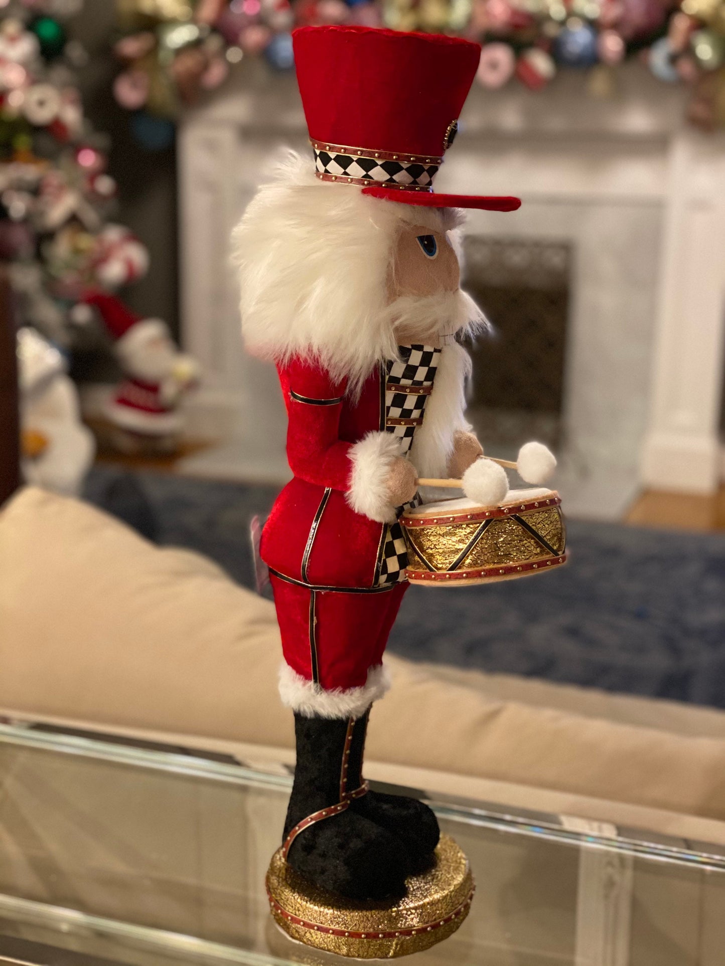 24" Nutcracker, soldier, Velvet Harlequin, red with white and black checkered pattern, drummer