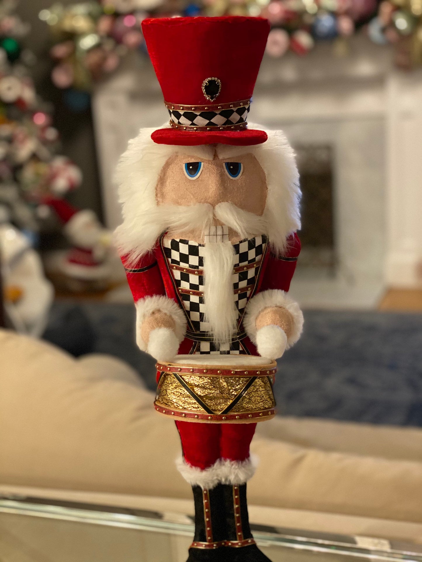 24" Nutcracker, soldier, Velvet Harlequin, red with white and black checkered pattern, drummer