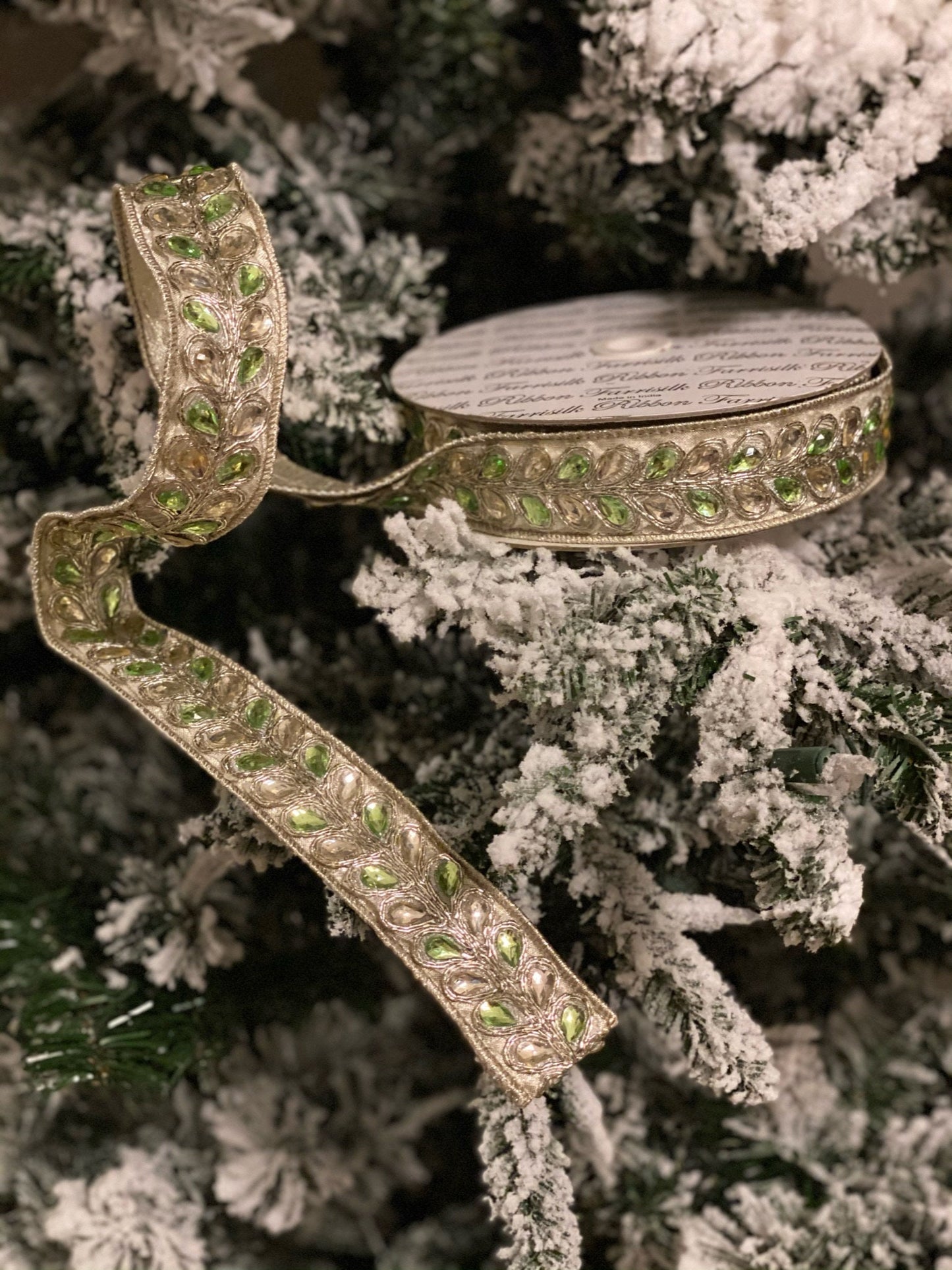 Ribbon 1.25 x 10 yds. Ribbon with Pear Shape Jewels, Mint. Farrisilk. Designer ribbon.*