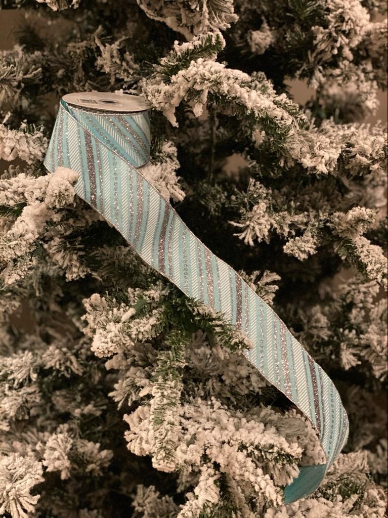 2.5" x 10 yards baby blue, silver and white glitter wired ribbon*