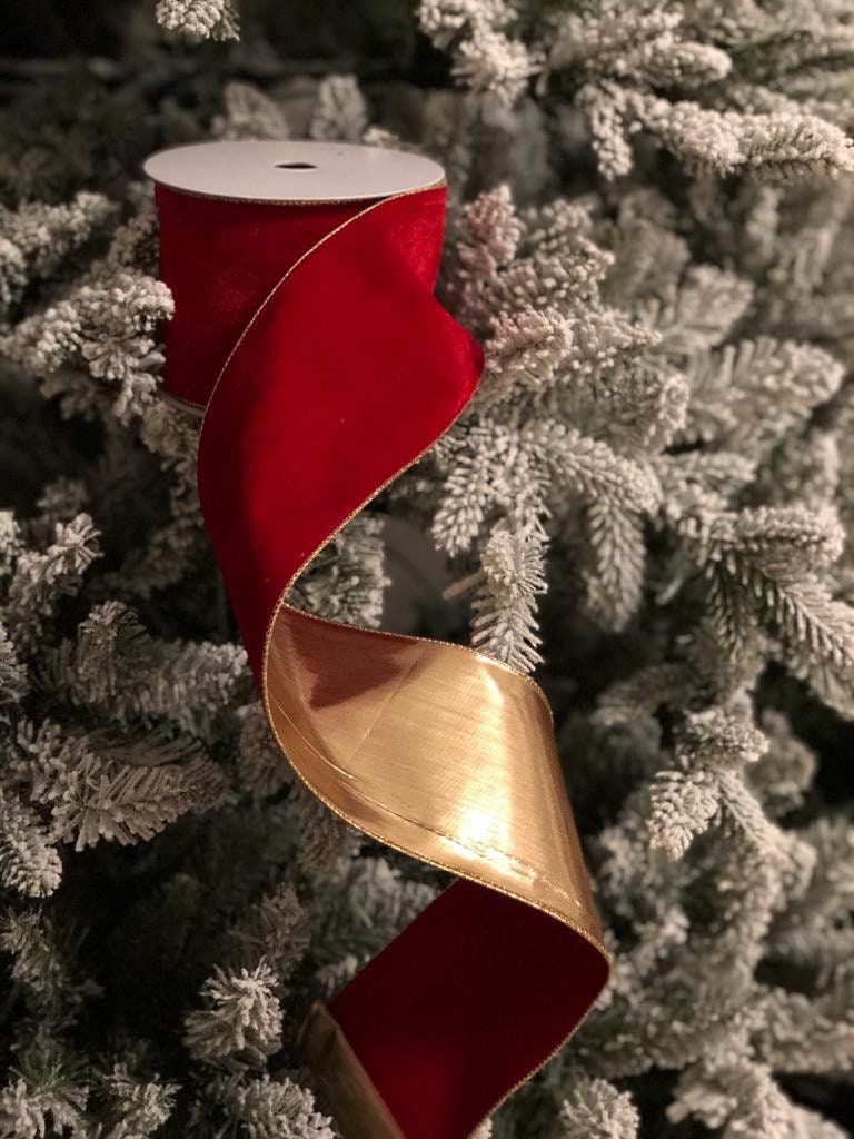 4" x 10 Yards deluxe velvet wired ribbon red/ gold*