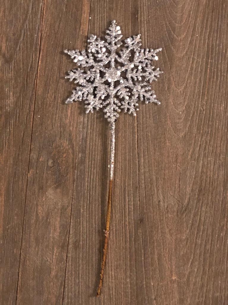 SET of 12. 10" plastic glitter snowflake pick ( approx. 4"diameter) silver.