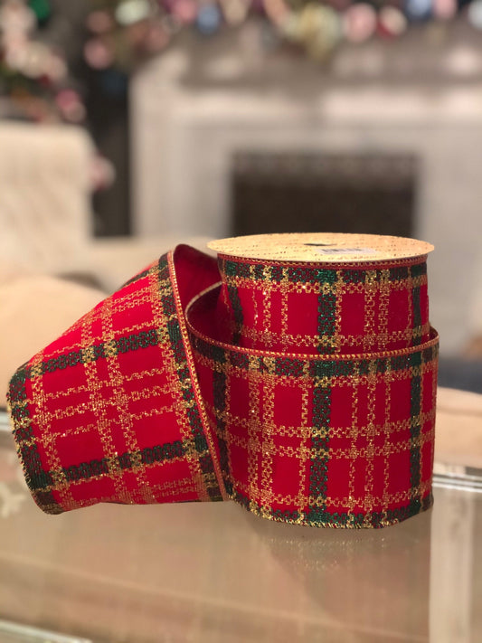 4” x10 yds. velvet plaid red, green and gold, designer ribbon