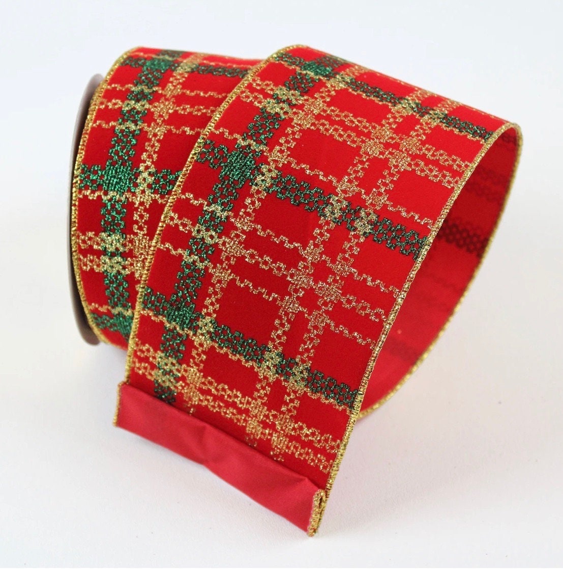 4” x10 yds. velvet plaid red, green and gold, designer ribbon