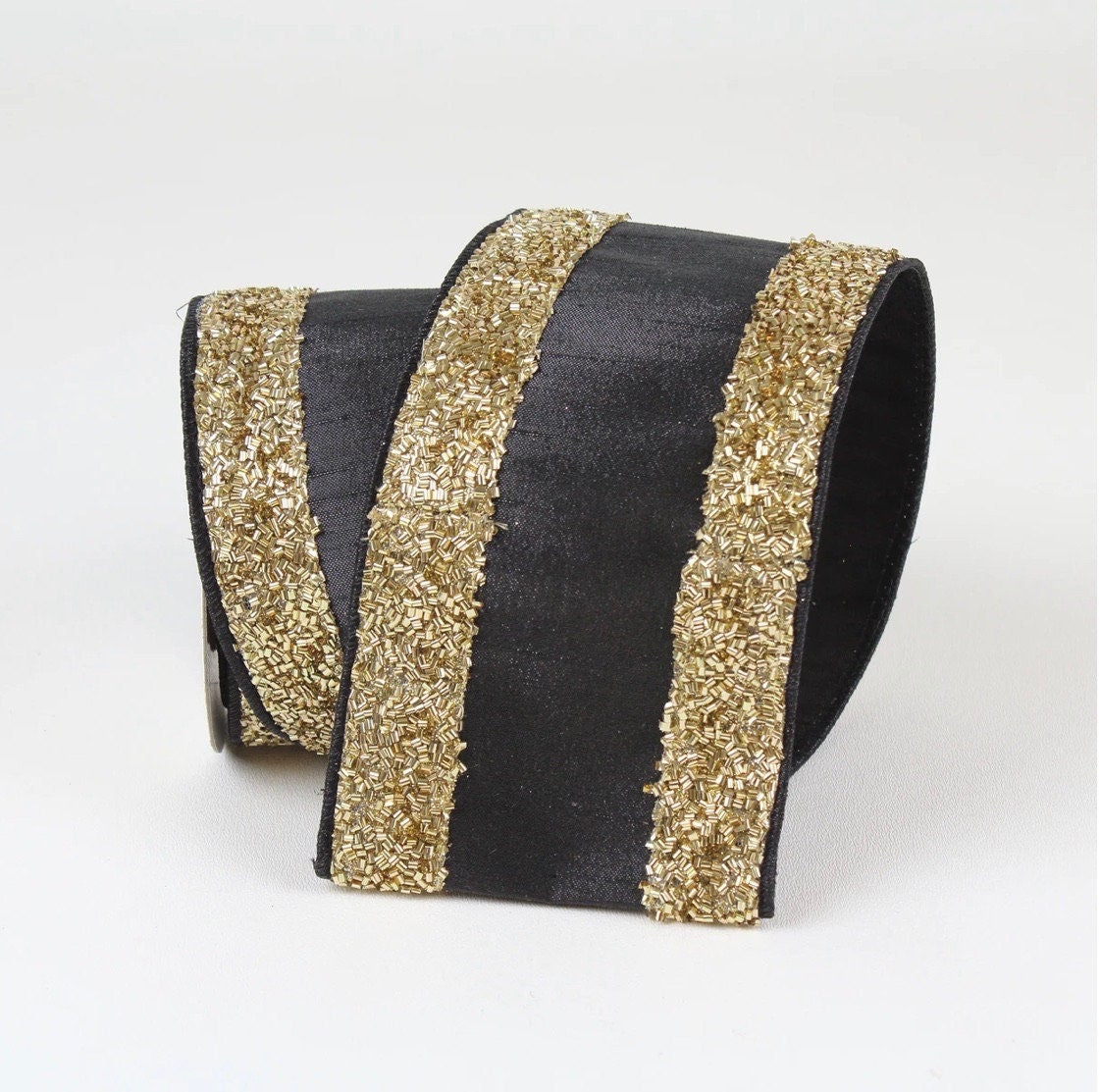 4” x 10 yards tinsel borders black and gold, designer ribbon
