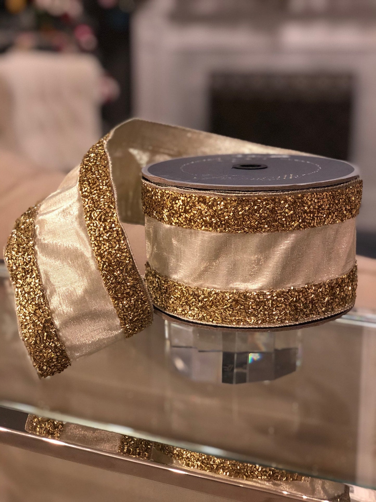 4” x 10 yards tinsel borders platinum, designer ribbon. Farrisilk
