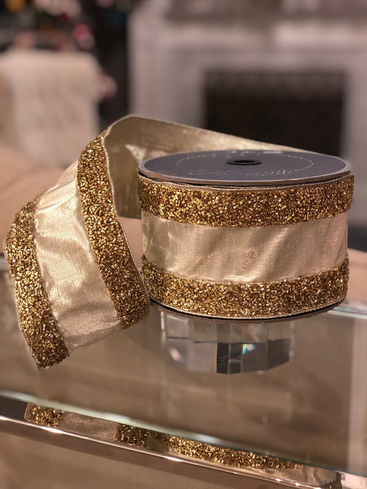 4” x 10 yards tinsel borders platinum, designer ribbon. Farrisilk