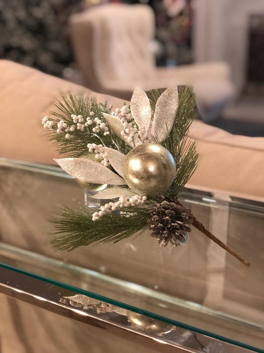 14" long needle pine ball, berry and cone. Decorative pick