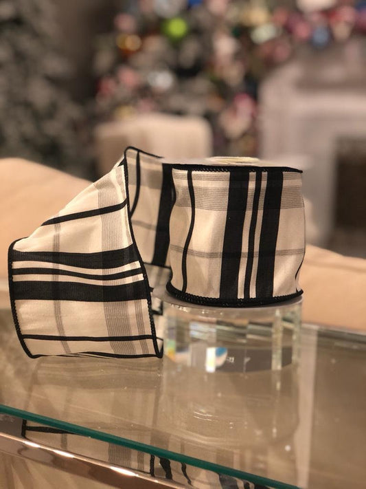 4”x10 yard dupion plaid wired designer ribbon black/white*