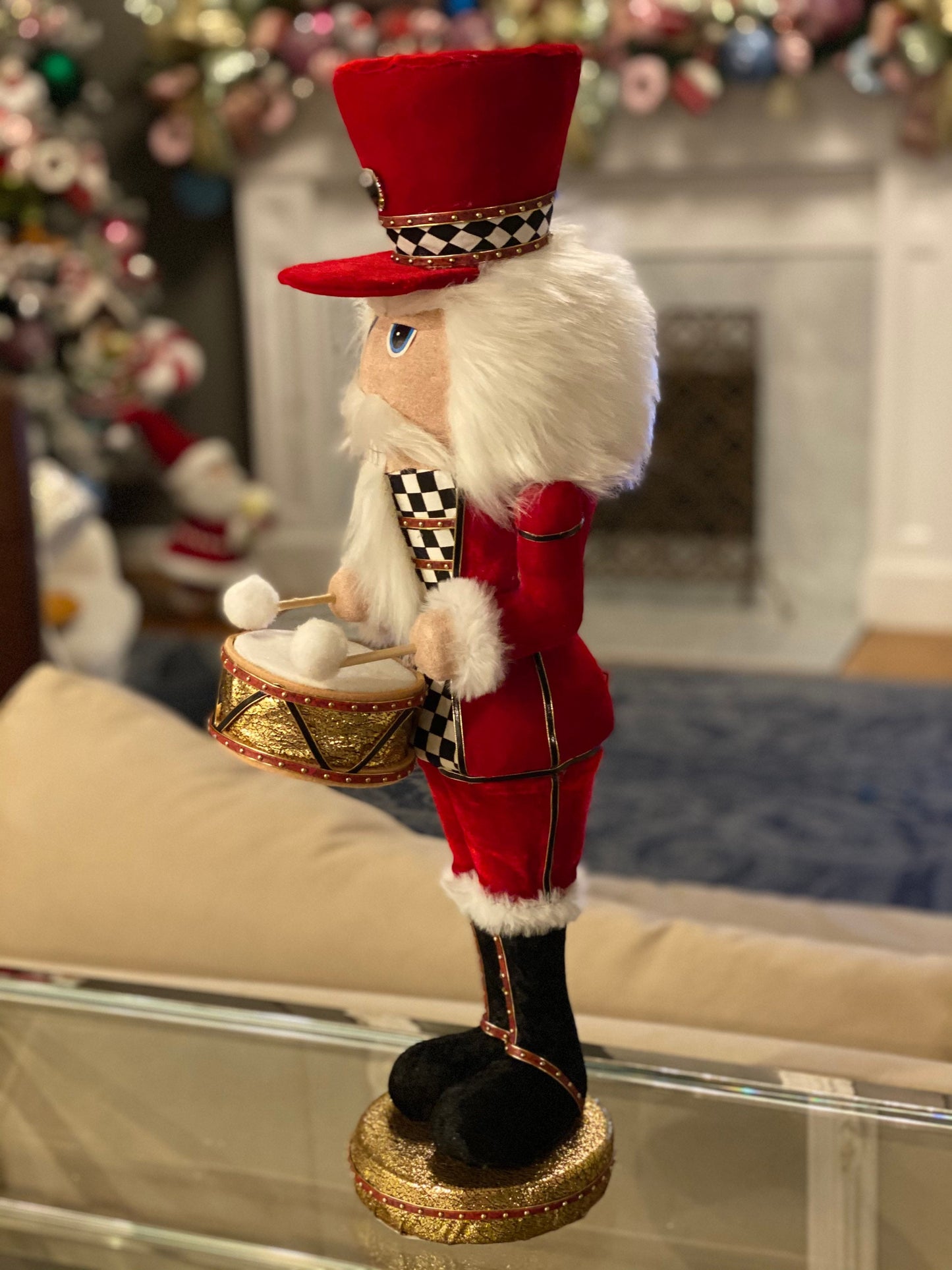 24" Nutcracker, soldier, Velvet Harlequin, red with white and black checkered pattern, drummer