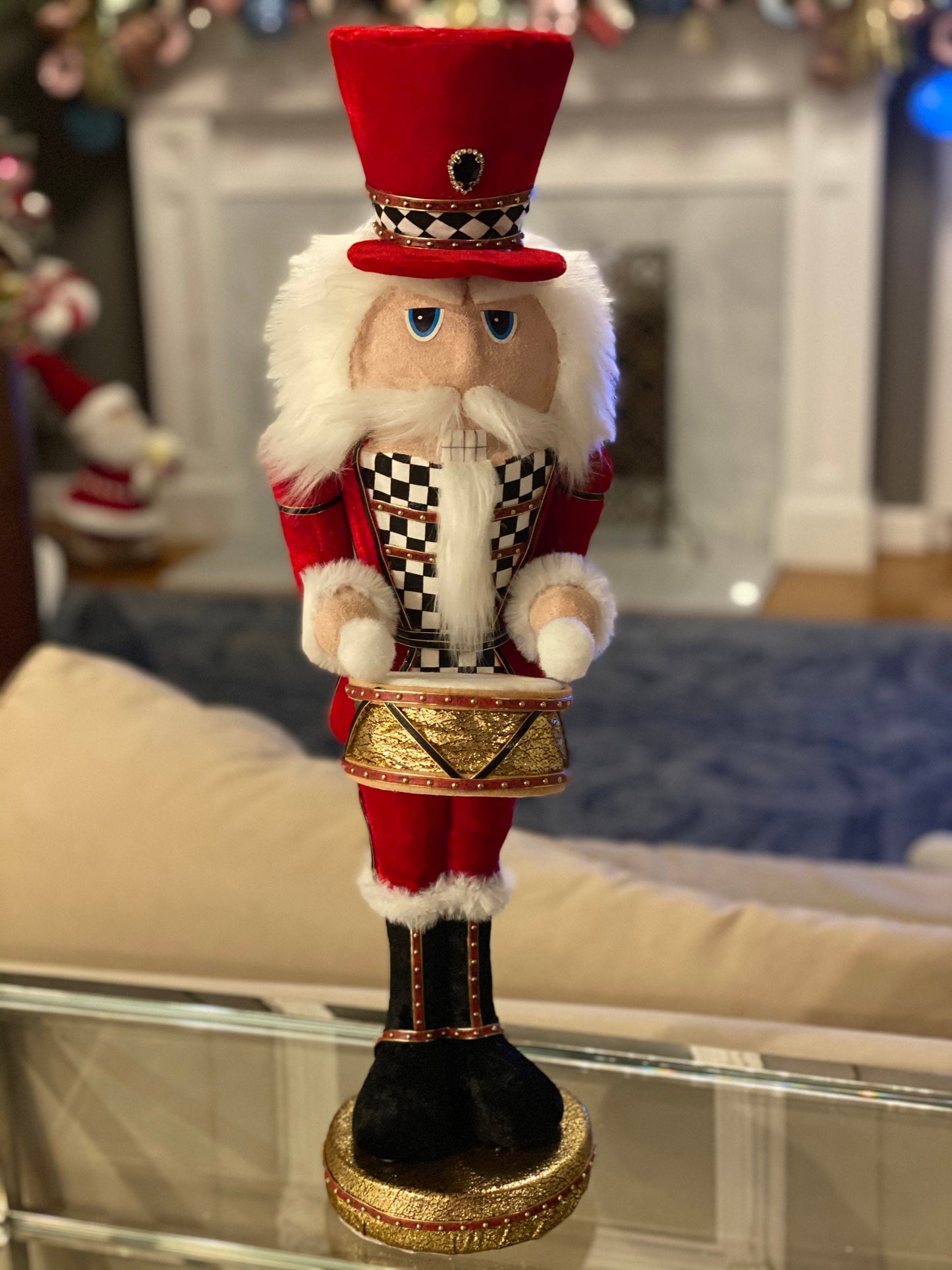 24" Nutcracker, soldier, Velvet Harlequin, red with white and black checkered pattern, drummer