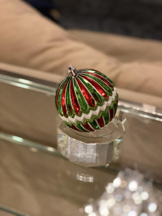 4” shatterproof Mercury ringed w/zigzag stripe ball candy set of 4 green, red and white