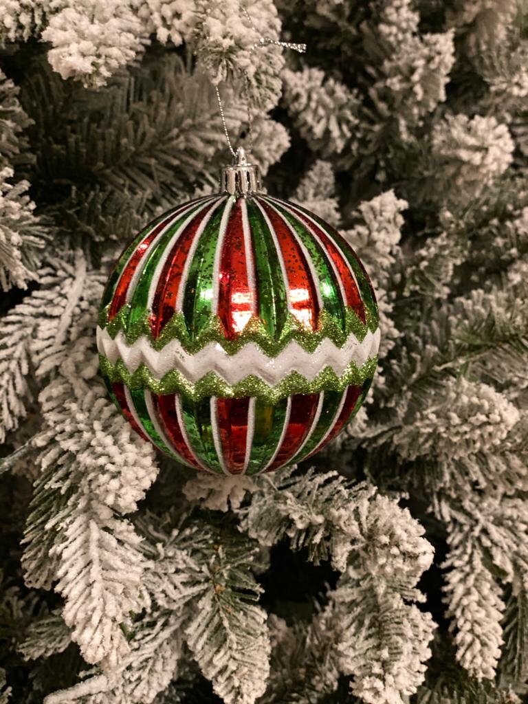 4” shatterproof Mercury ringed w/zigzag stripe ball candy set of 4 green, red and white