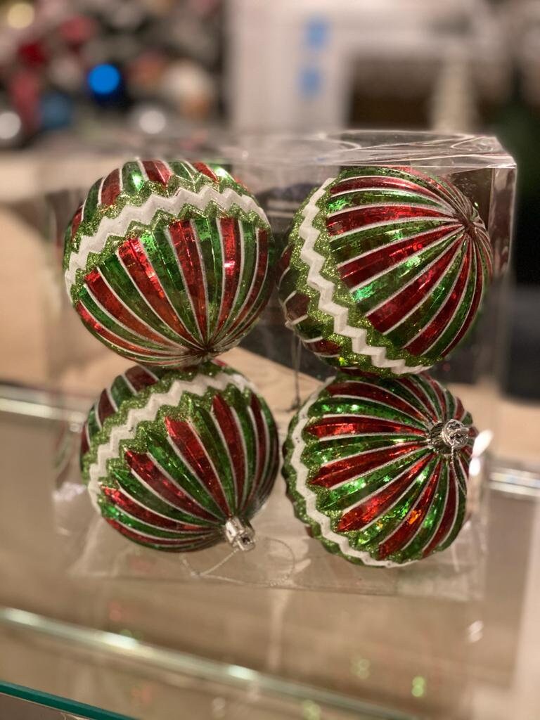 4” shatterproof Mercury ringed w/zigzag stripe ball candy set of 4 green, red and white