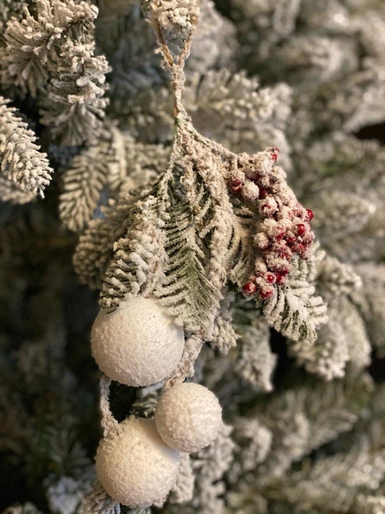 10" hanging snow balls berry & pine ornament frosted white set of 3
