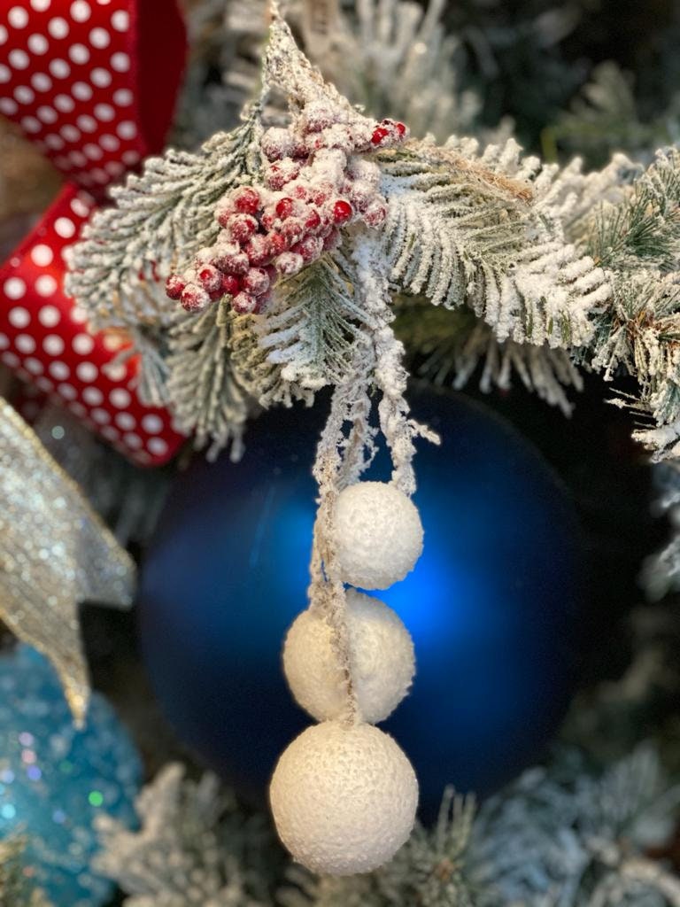 10" hanging snow balls berry & pine ornament frosted white set of 3