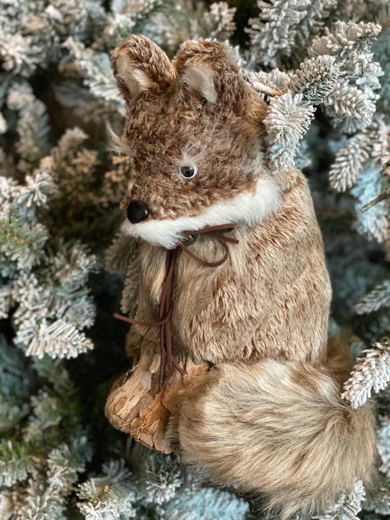 12" sitting fur fox w/leather bow & bell