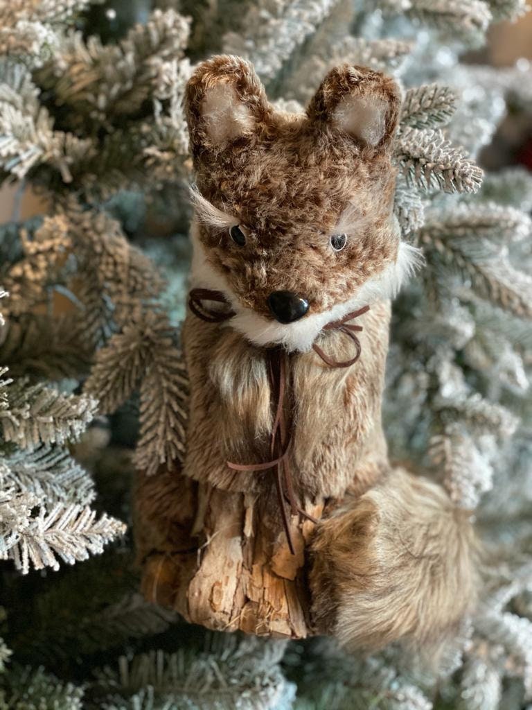 12" sitting fur fox w/leather bow & bell