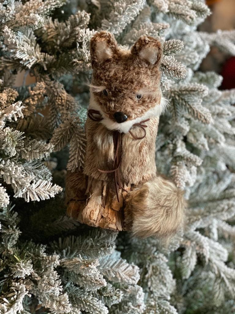 12" sitting fur fox w/leather bow & bell